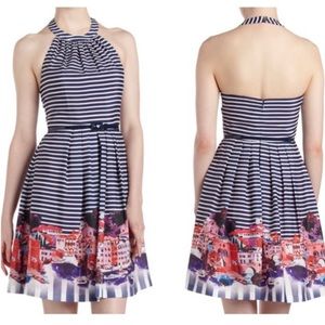 Muse Georgette Navy & White Striped Halter Dress w/ Venice Italy Cityscape Hem